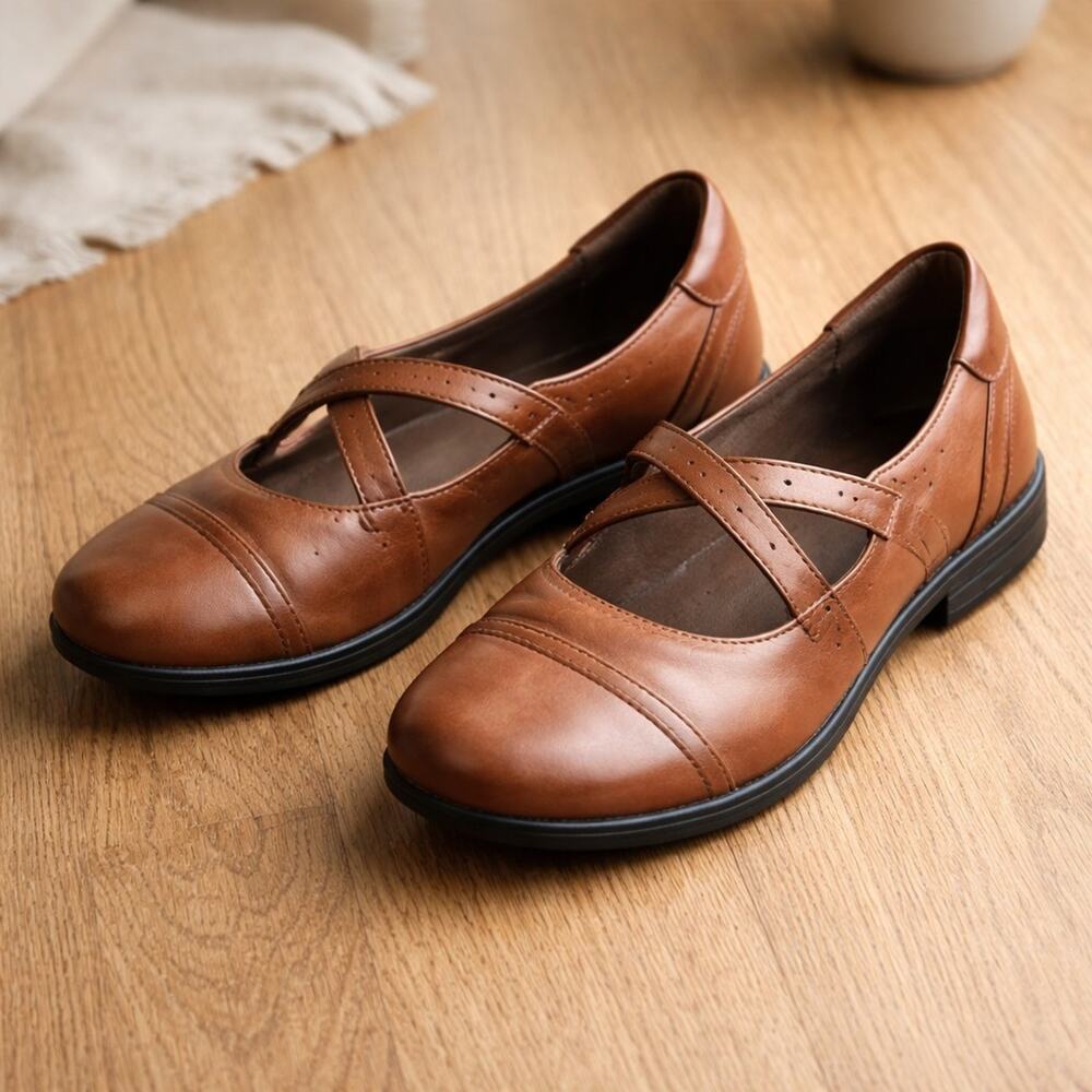 Earth Women's Leather Comfort Mary Jane Size 8.5 M Brown Buckle Strap Flat Shoes